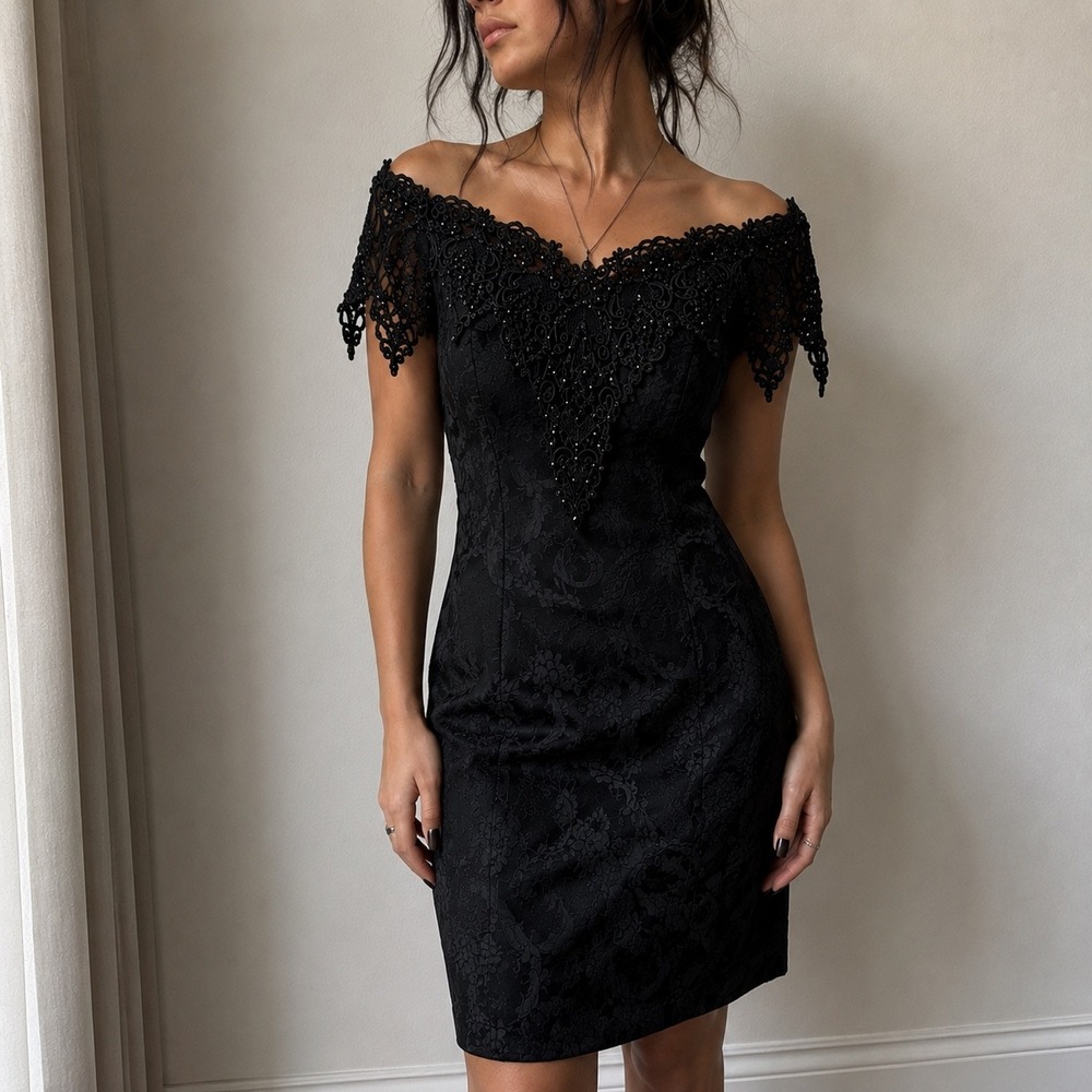 Vintage 90s Scott McClintock Black Lace Trim Damask Dress Size 4 Goth Cocktail